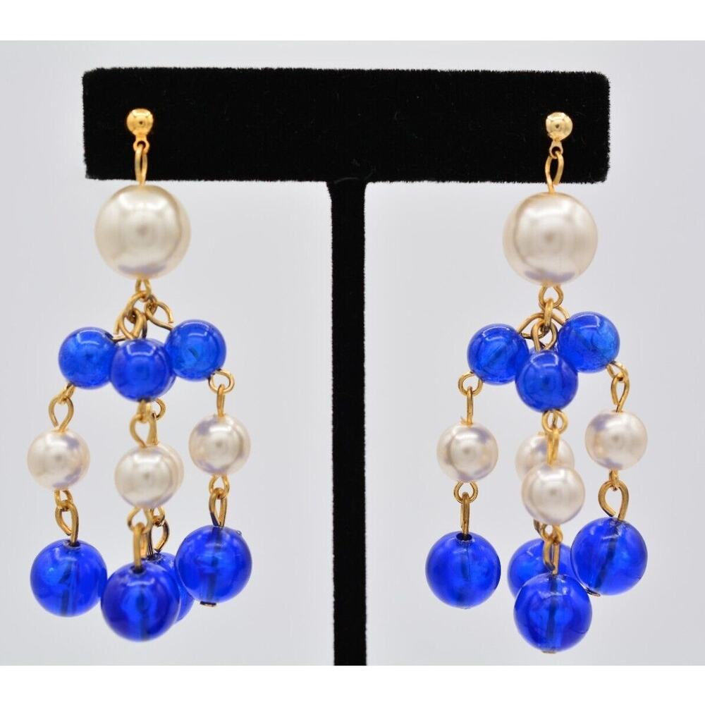 Vintage Beaded Dangle Earrings Blue Lucite Ball Faux Pearl Chunky NOS 80s BinAV